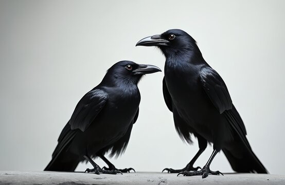 Two black ravens sit on a stone ledge. Their dark feathers shine under soft studio light. One raven looks to the left, other gazes straight ahead. These birds have sharp beaks and intelligent eyes.