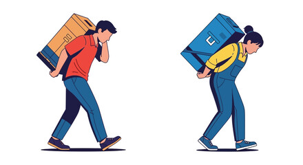 A young couple struggles while carrying heavy cardboard boxes on their backs