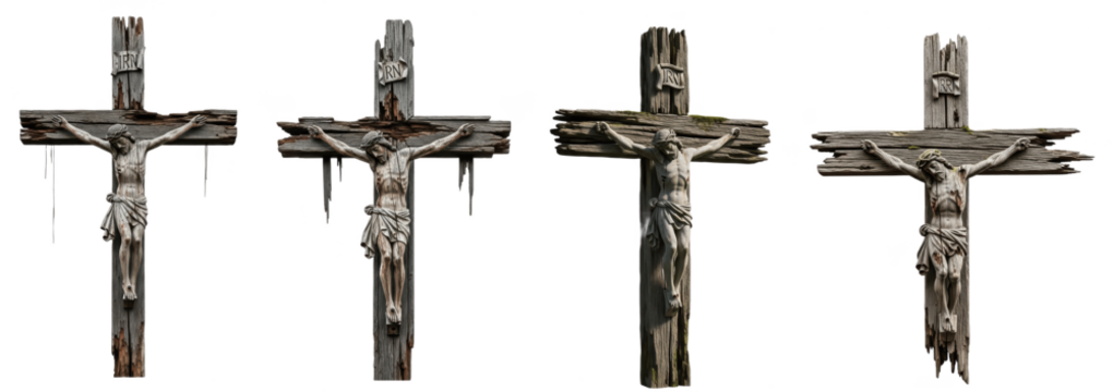 Cross with Jesus crucified isolated on white background, detailed crucifix depiction showing Christ on wooden cross, religious Christian symbol of faith and sacrifice, holy icon for spiritual artwork