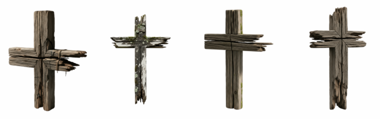 Old wooden Christian cross isolated on white background, rustic religious symbol of faith, traditional crucifix design, spiritual and sacred icon for Christianity, church decoration or religious artwo