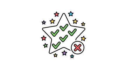 Colorful stars and a large star with checkmarks and an x symbol