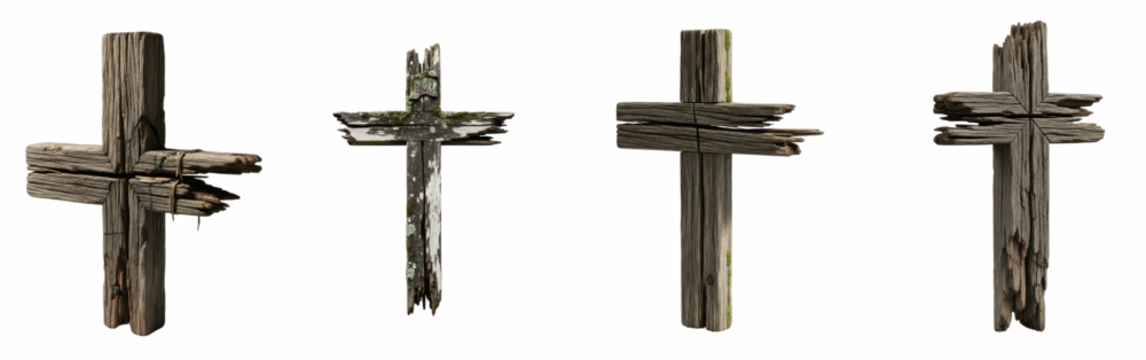 Old wooden Christian cross isolated on white background, rustic religious symbol of faith, traditional crucifix design, spiritual and sacred icon for Christianity, church decoration or religious artwo - Powered by Adobe