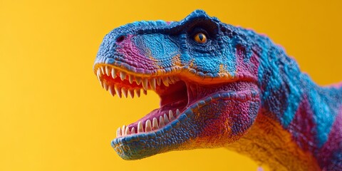 Colorful dinosaur toy with fiery mouth on bright yellow background, perfect for playful themes and children s education about prehistoric creatures
