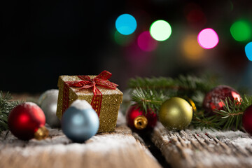 christmas card with baubles and holiday lights