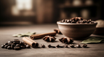 Aromatic spice composition featuring coffee beans, star anise, cinnamon, and cloves, perfect for seasonal beverage promotions, baking ads, and autumnal designs.  