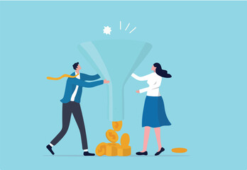 Marketing or sale funnel, conversion rate or customer buying product from advertising campaign, online ads or purchase rate concept, business people marketer holding funnel with flow of purchase money