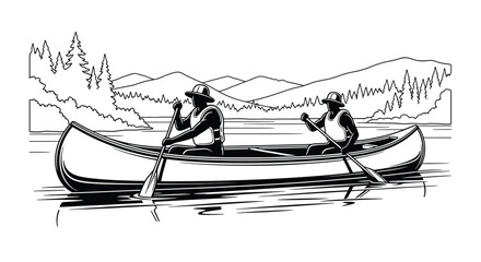 Two men canoeing on a calm lake with mountains in background