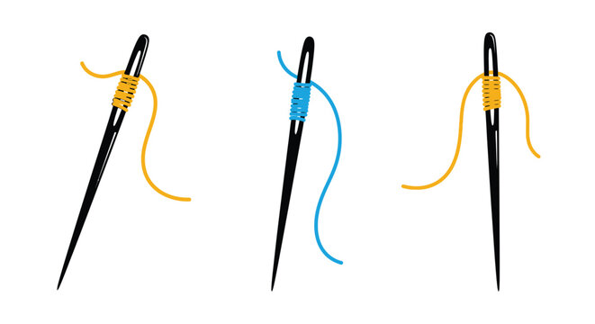 Three needles threaded with colorful yarn demonstrating sewing techniques