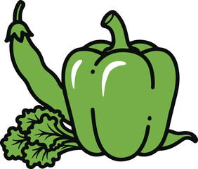 Green bell pepper and pea pod with lettuce leaves illustration green pepper capsicum