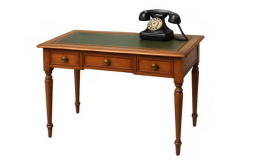 Vintage wooden desk with green leather top and antique rotary dial telephone, representing communication and old technology, transparent background