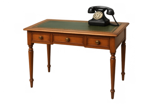 Vintage wooden desk with green leather top and antique rotary dial telephone, representing communication and old technology, transparent background