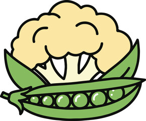 Simple cartoon illustration of a smiling cauliflower head with a pea pod peas vegetable