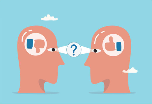 Perception process to interpret information, though or opinion depend on personality or perspective, difference bias or illusion concept, human head looking at object with difference perception. 