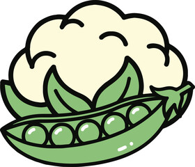 Stylized illustration of a light yellow cauliflower head with green leaves and a pod of five green peas