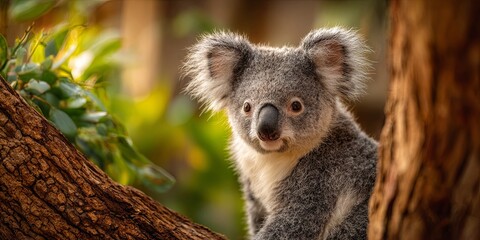 Fototapeta premium Adorable koala perched on tree branch in natural habitat, close-up of its fluffy ears and curious expression, showcasing Australia s unique wildlife and beauty