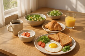 delectable breakfast spread featuring coffee, yogurt, and a sunny side up egg