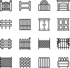 Fence and gate icon set, black line style, architectural barriers, garden dividers, urban boundary design, vector symbols, isolated elements