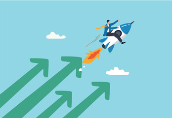 Financial growth, innovation boost profit or sales, increase investment earning or stock market rising up, growing business for success concept, businessman riding rocket booster with growth arrow.