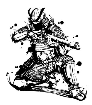 Sumi-e Samurai Kneeling with Matchlock Gun &ndash; Armored Warrior in Firing Stance