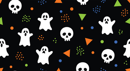 Obraz premium Playful Halloween pattern showcasing white ghosts and skulls amidst vibrant dots and geometric triangles on a dark background.