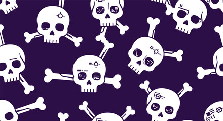 Obraz premium Futuristic circuit board skulls and crossbones create a striking and edgy seamless pattern on a dark purple background.