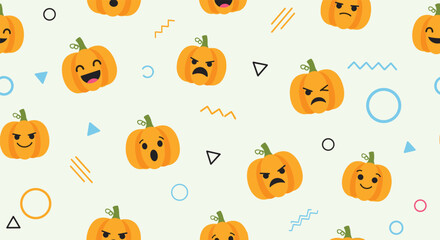 Diverse pumpkin emoji faces expressing various emotions are scattered amongst abstract geometric shapes creating a whimsical autumn pattern.