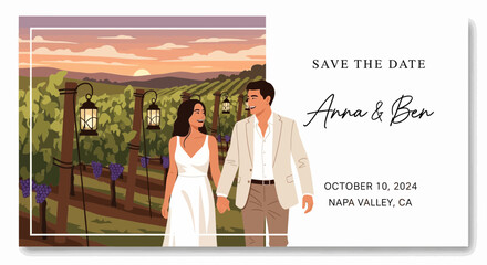 Illustrated save the date card featuring a couple in a vineyard landscape