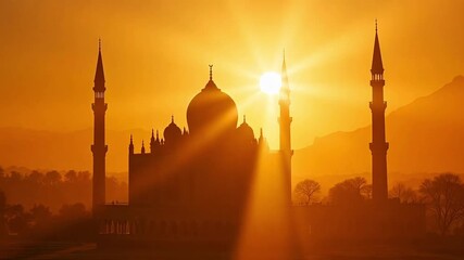 Golden sunrise over the mosque with moving sunbeams creating dynamic light and shadow, a peaceful serene moment captured in motion, perfect for travel promotions