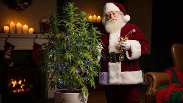 Festive scene with person in red costume holding glass item near a plant and fireplace, representing celebration, holiday, relaxation, and humor