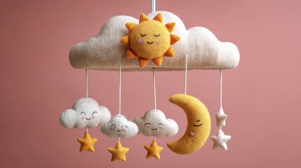 Handmade nursery mobile featuring soft celestial shapes hangs against a muted background