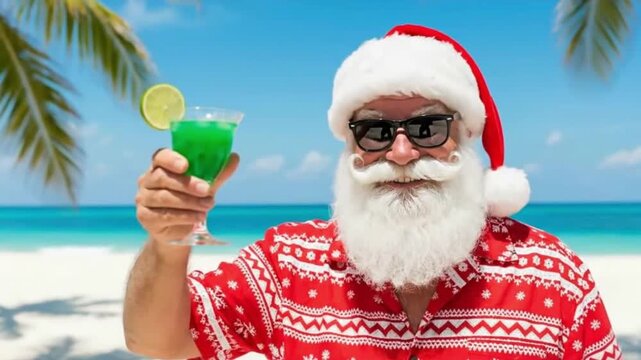 The clip features a character dressed for winter enjoying a green drink by the sea, representing seasonal contrast, holiday vacation and tropical mood