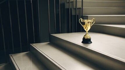 middleground. A golden trophy rests on a central staircase step, symbolizing achievement with elegant lighting and a minimalist polished metal surface. event key visuals.