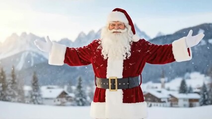 A figure in red suit opens arms in snowy mountain landscape, gradually withdrawing arms, revealing holiday spirit, tradition, festive, and joyous moment