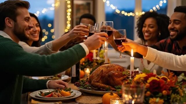 People celebrate with food and drinks. A festive gathering represents holiday, togetherness, celebration, affection, tradition, and autumnal feast