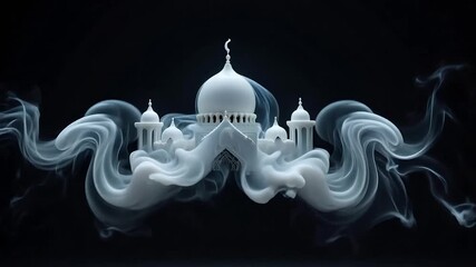 Ethereal mosque structure emerging from swirling mist in a captivating scene of spiritual mystery and serene beauty, perfect for Ramadan promotions