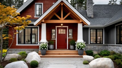 Naklejka premium Modern craftsman house exterior with vibrant red door and welcoming porch