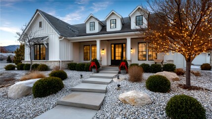 Naklejka premium Farmhouse style home decorated for christmas in winter