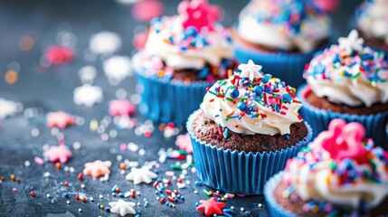 Colorful cupcakes with blue liners topped with frosting and sprinkles. A festive arrangement on a dark surface, ideal for celebrations