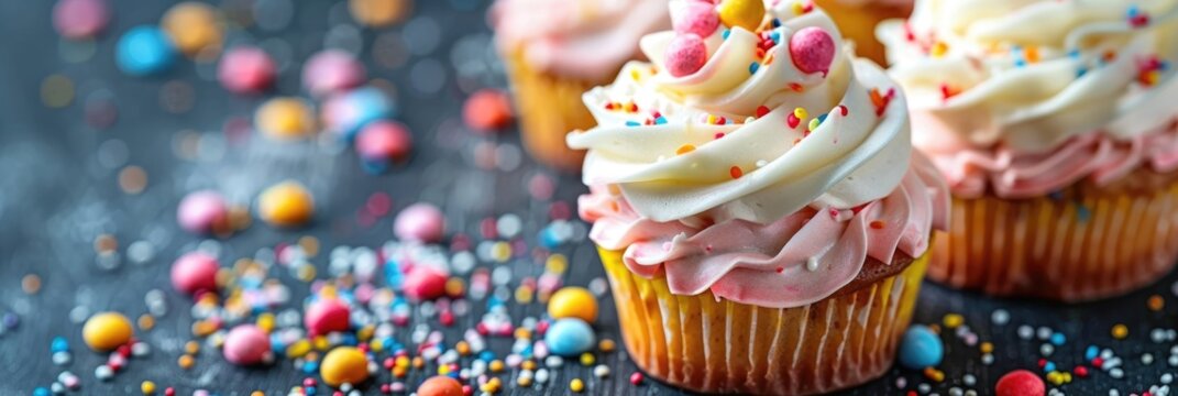 Colorful cupcakes with swirls of frosting and sprinkles on a dark surface. The scene is festive and inviting, perfect for celebrations. copy space, free space for text