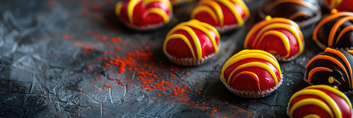 Colorful chocolate candies with red and yellow stripes arranged on a dark surface. copy space, free space for text