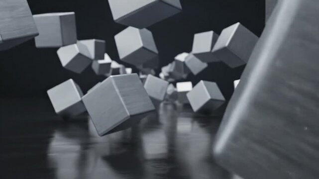 Abstract metallic cubes floating in a dark reflective space