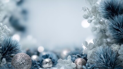 Frosty blue and silver holiday decorations frame a bright, soft background space.