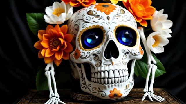 Funny Day of the Dead skeleton with glowing blue eyes and flowers animating on wooden stand. Decorated skull figure posing playfully. Mexican holiday theme and festive decoration concept. video
