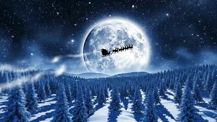Santa Claus silhouette flying in a sleigh with reindeer across a giant full moon. Magical Christmas night animation over a snowy pine forest. Winter holiday fantasy concept - Powered by Adobe