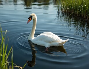 Obraz premium White swan swims in blue lake water near green reeds. Bird reflection visible on rippling water surface. Neck elegantly curved, prominent orange beak. Nature scene captures serene wildlife in natural