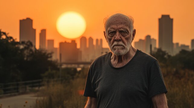 Elderly man standing under strong sunlight with city skyline background representing heat exposure and health research study