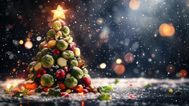 Veganuary winter challenge. Christmas tree made from Brussels sprouts and vegetables, seasonal renewal and plant based healty concept