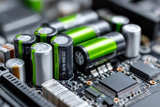 Electronic circuit board with capacitors and microchips