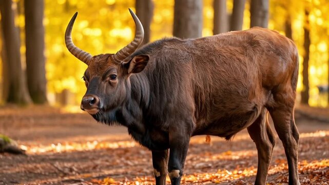 Massive beefalo walking through golden autumn forest with falling leaves