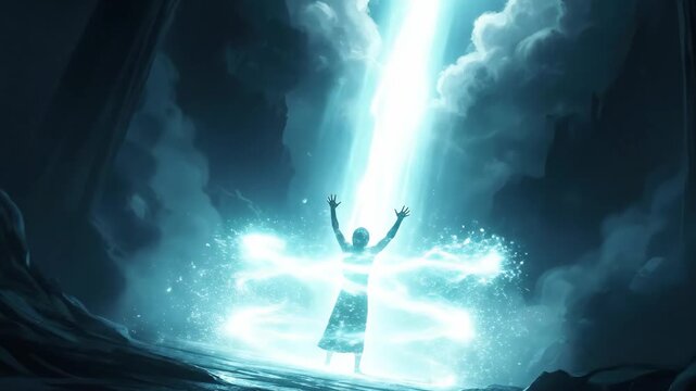 Woman in robe raises arms as light beam falls from above in dark forest. Mystical energy descends building to glowing sparkles. Fantasy ritual summoning divine illumination. video footage video